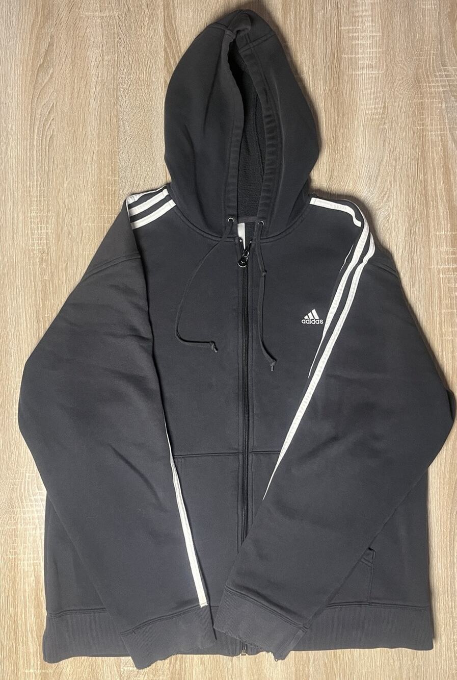 Vintage Y2K Adidas Hoodie Mens Large Black Track Jacket Faded Distressed